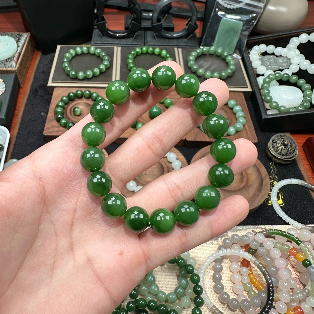 和田玉碧玉俄碧阳绿满色圆珠手串精美满绿冰绿素款时尚绿色素圈