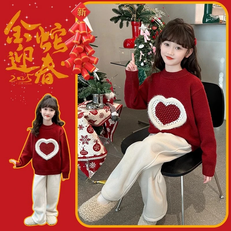 女童毛衣2025新款半高领冬季加厚洋气漂亮红色冬款高级感打底内搭