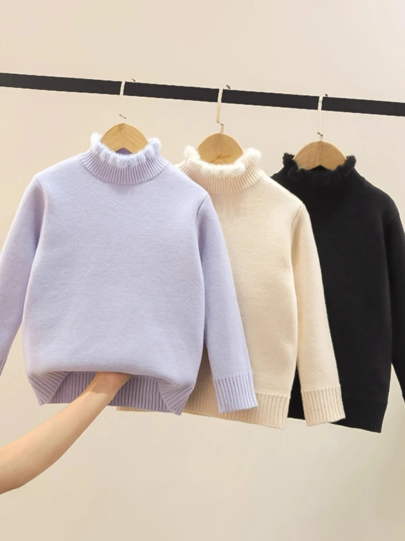 女童毛衣2025秋冬新款半高领加绒加厚一体绒冬季洋气儿童内搭打底