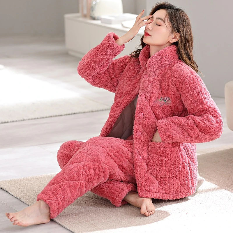 冬天家居服冬季睡衣女三层加厚加绒珊瑚绒夹棉家居服冬天棉袄保暖