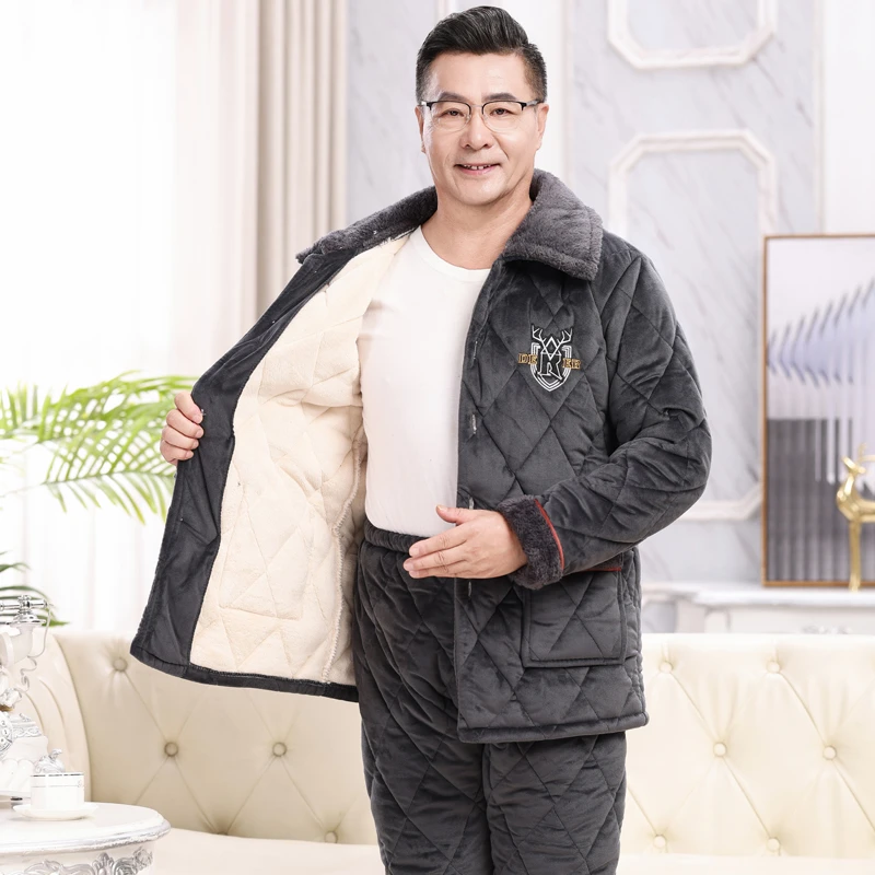 睡衣男士秋冬季三层加厚加绒珊瑚绒夹棉中老年保暖爸爸家居服套装