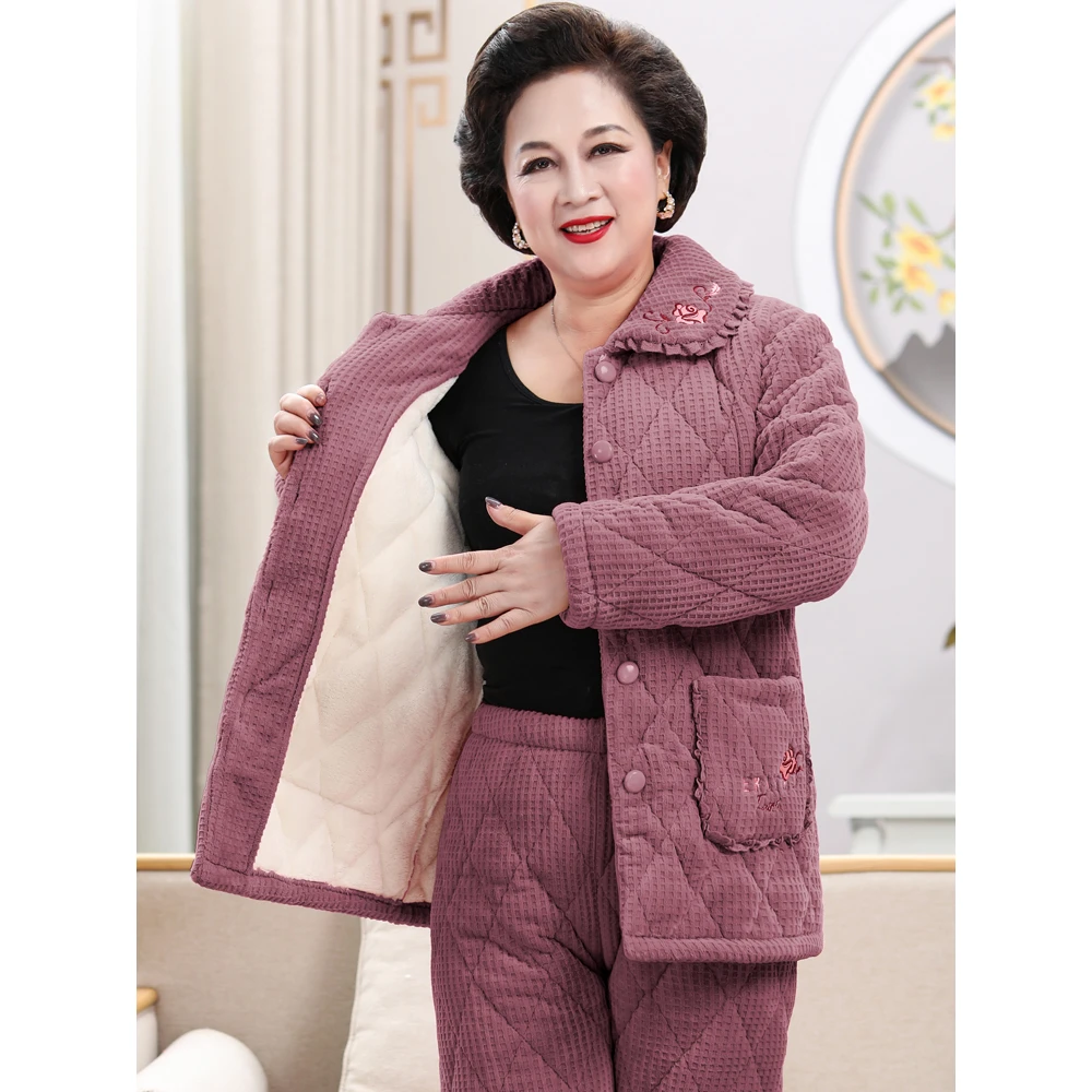 珊瑚绒中老年夹棉睡衣女三层加厚加绒加棉袄妈妈婆婆装冬季家居服
