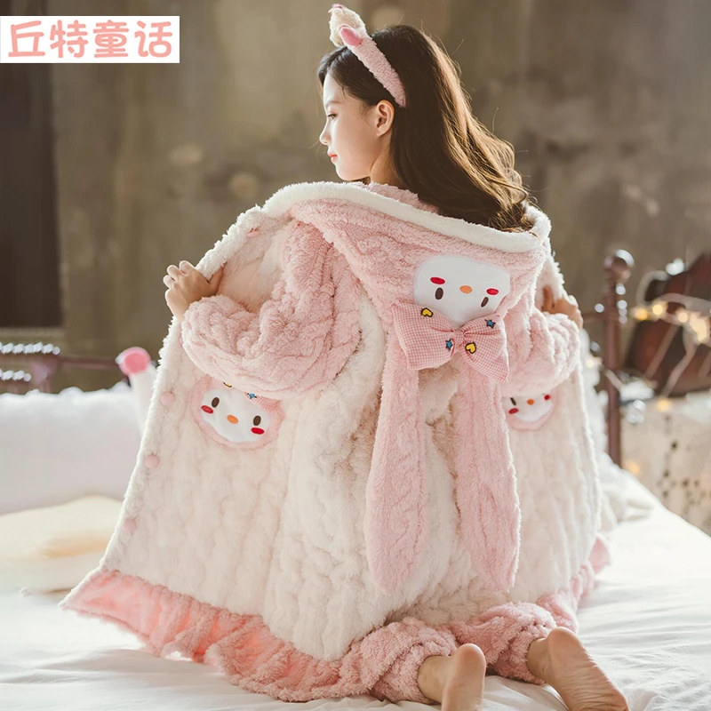 女童冬季加厚珊瑚绒儿童公主睡袍小女孩法兰绒睡衣套装宝宝家居服