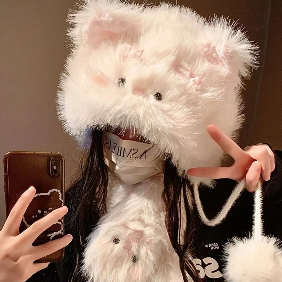 【帽味】2024新款可爱卡通发卡猫咪毛绒围巾帽子女秋冬大头围显脸小