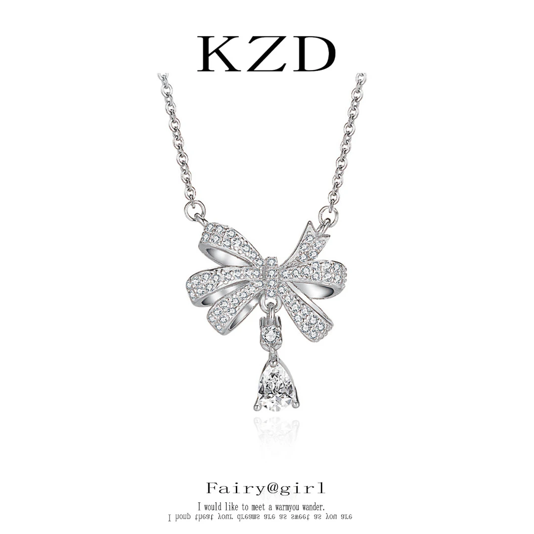 KZD 钛钢项链 微镶锆石蝴蝶结水滴项链轻奢小众设计高级感颈链