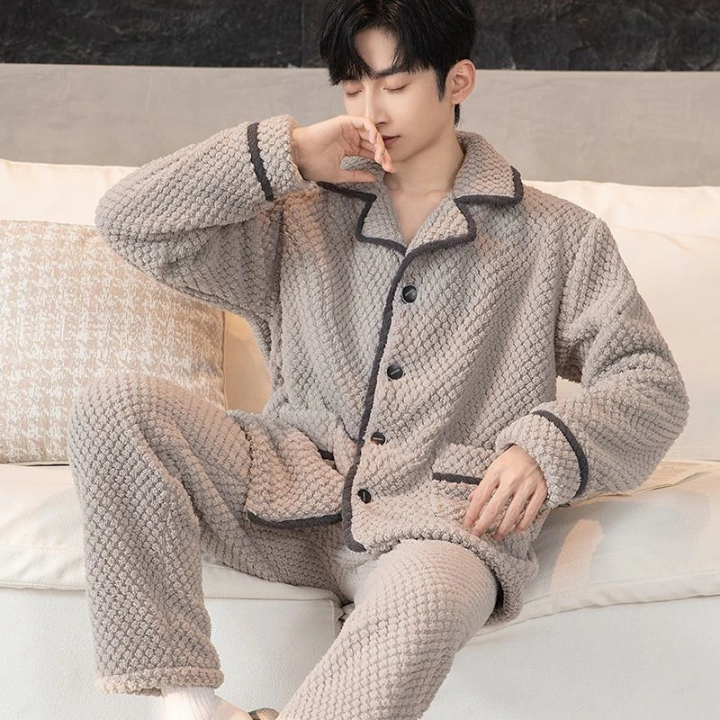 秋冬珊瑚绒男士睡衣可外套装男加厚加绒大码保暖冬季法兰绒家居服