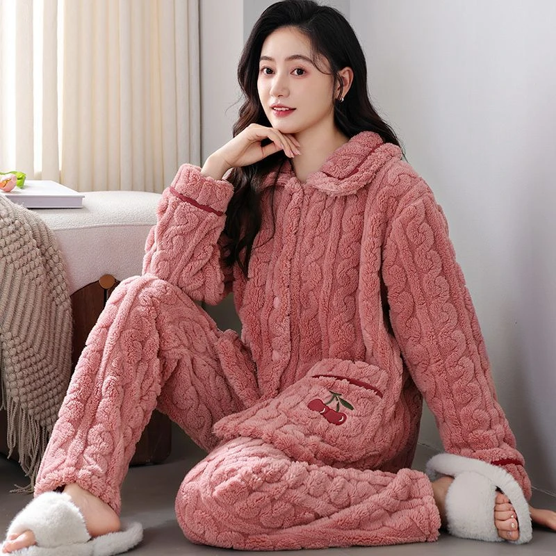 秋冬睡衣女士珊瑚绒长袖大码套装加绒加厚女外穿法兰绒保暖家居服