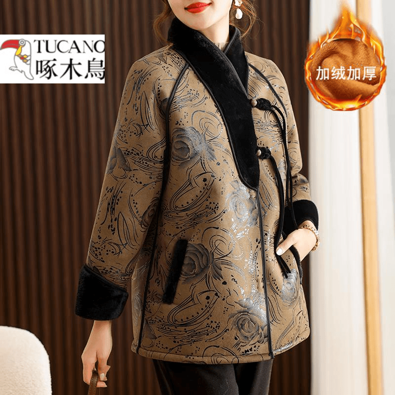啄木鸟妈妈冬装外套时尚阔太太加绒加厚棉袄中老年人女冬季皮毛一