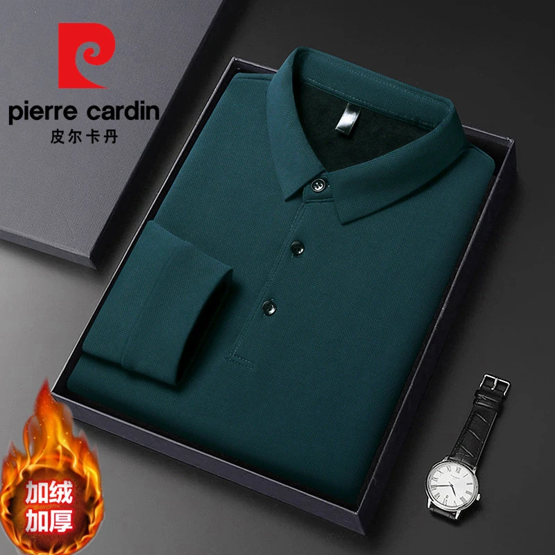 皮尔卡丹加绒加厚款纯色长袖商务中青年潮流翻领男士高档时尚休闲