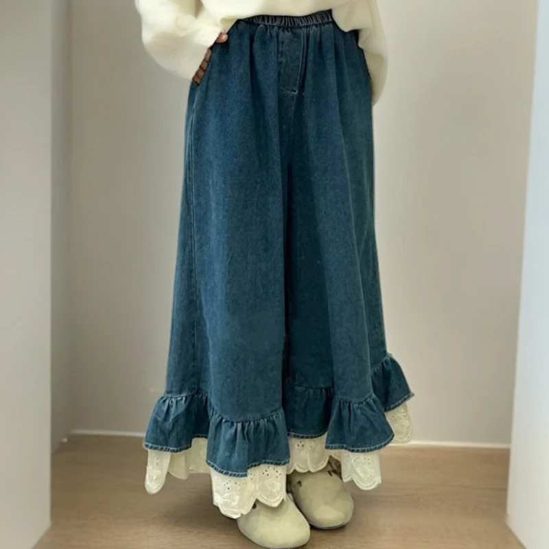 『裤脚花边喇叭』秋季时尚百搭拼接花边松紧高腰水洗牛仔喇叭裤