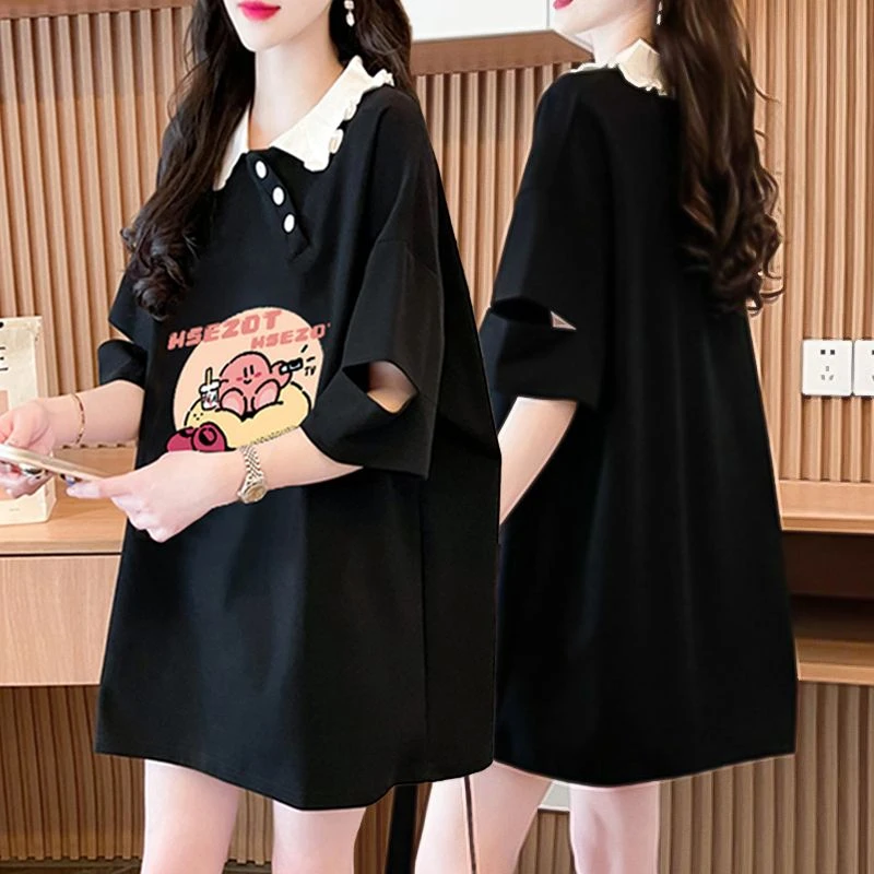 设计感Polo领纽扣拼接纯棉大码短袖T恤女夏季新款韩版中长款上衣