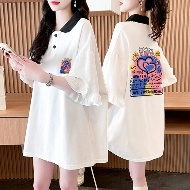 设计感小众纯棉纽扣拼接Polo领短袖T恤女夏季新款中长款半袖上衣