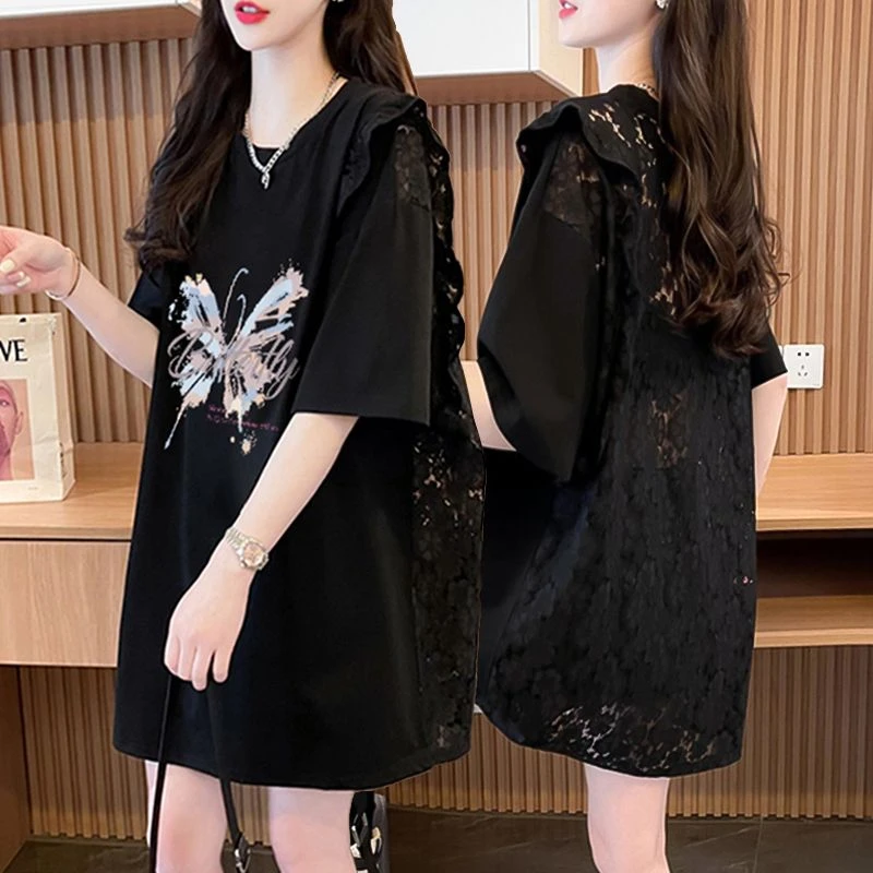 胖mm大码蕾丝镂空纯棉显瘦夏季短袖T恤女2024新款韩版中长款上衣