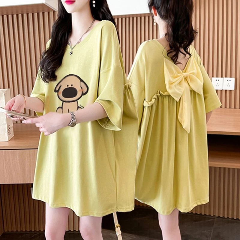 韩版纯棉休闲百搭蝴蝶结拼接露背短袖T恤女夏季中长款半袖上衣服