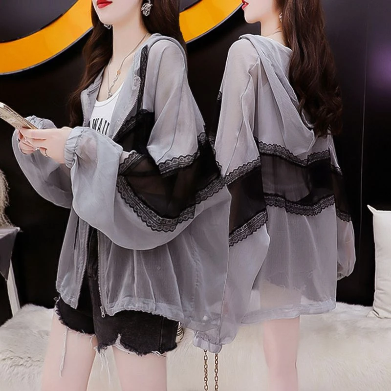 胖mm大码蕾丝拼接防晒衣外套女2024夏季新款设计感小众开衫上衣服
