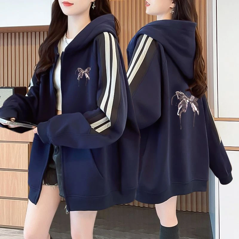 春秋款薄款外穿纯棉休闲百搭连帽卫衣女2024新款韩版大码上衣外套