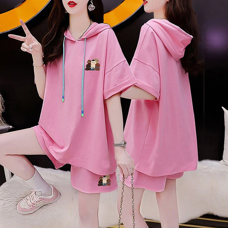 夏季休闲宽松纯棉百搭运动套装女2024新款连帽短袖短裤网红两件套