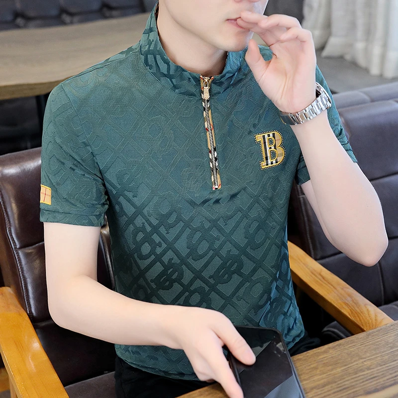 欧版夏季新款2023高品质男士立领字母短袖POLO衫休闲时尚潮流百搭