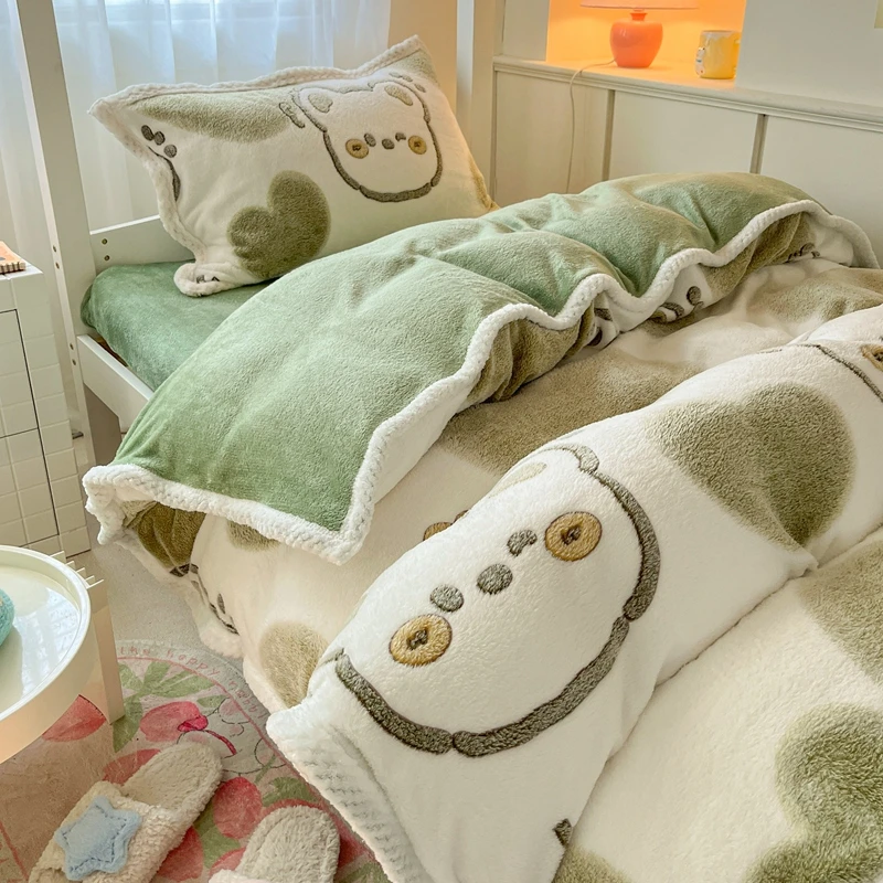 学生宿舍牛奶绒床单四件套床上用品冬季加厚单人珊瑚绒被套三件套