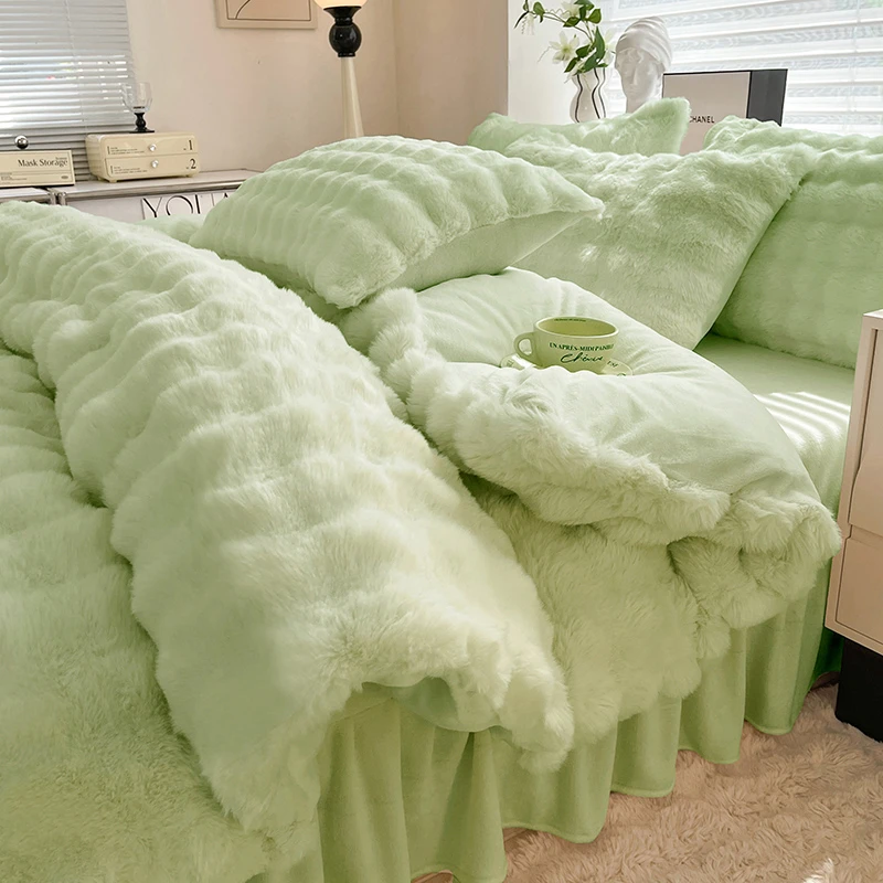 冬季牛奶绒四件套床裙款珊瑚家用款被套床单加绒法兰绒床上三件套