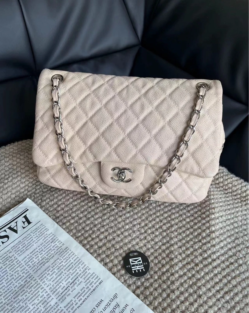 95新 Chanel/香奈儿 粉色鱼子酱银扣cf包 29cm 9063213