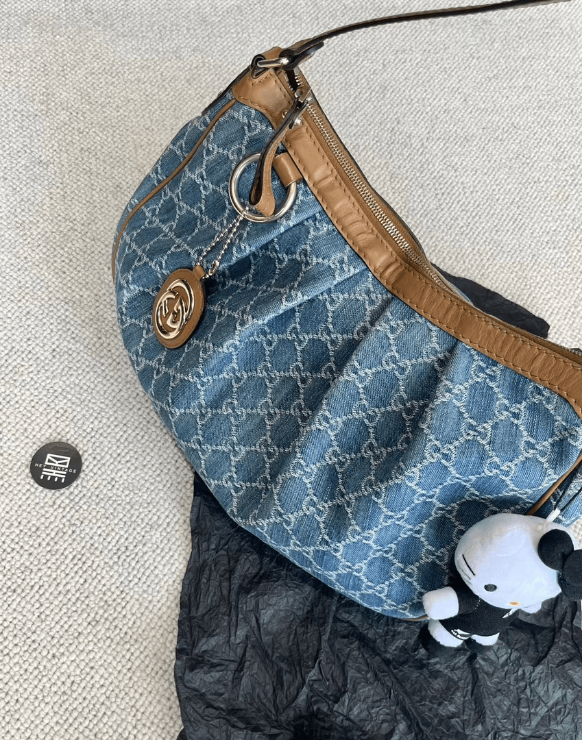 95新 GUCCI/古驰 黑黑中古/ 牛仔老花丹宁腋下包 38cm 8122526