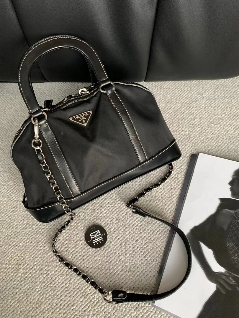 95新 Prada/普拉达 黑银波士顿手提单肩腋下包 27cm 9293358