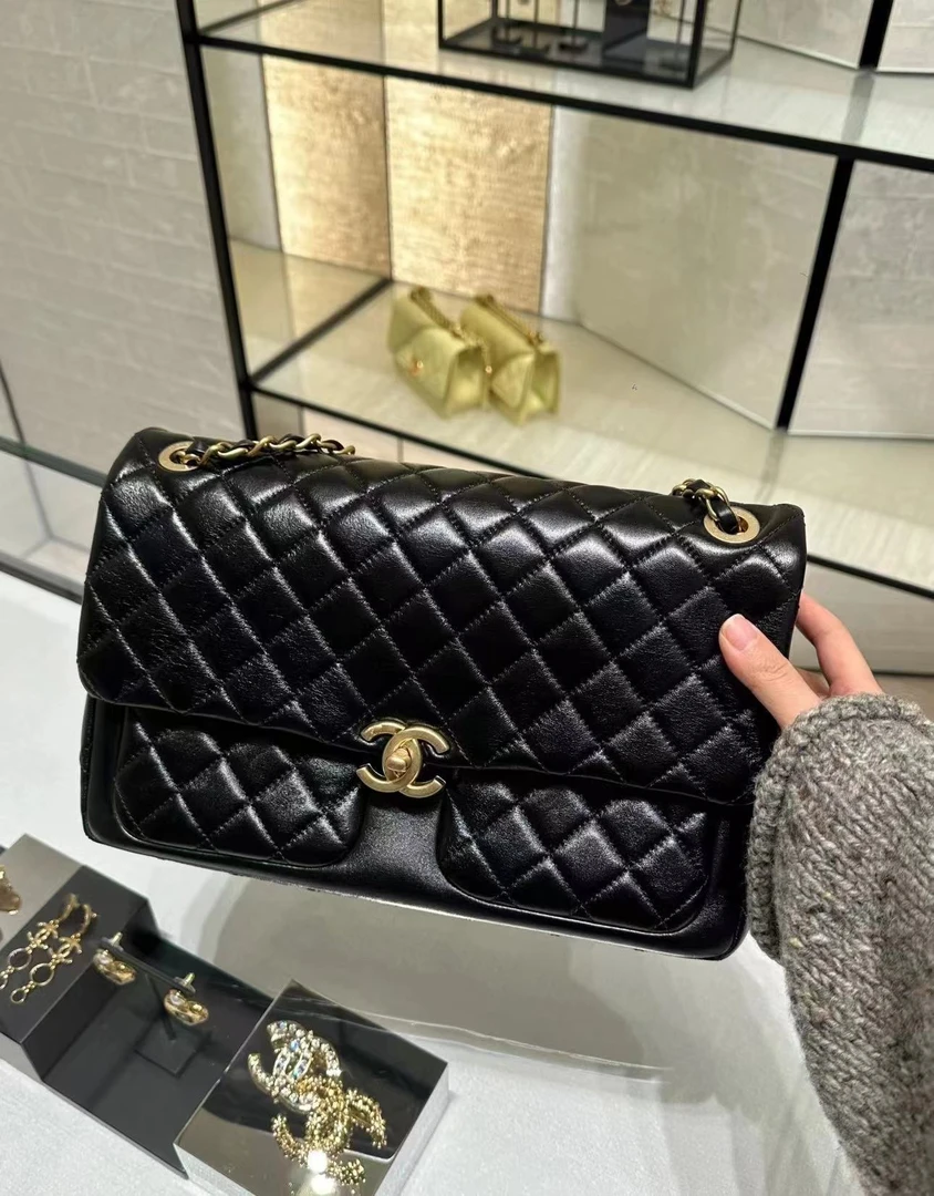 99新 Chanel/香奈儿 23k 黑金双口袋cf包 30cm 9329209