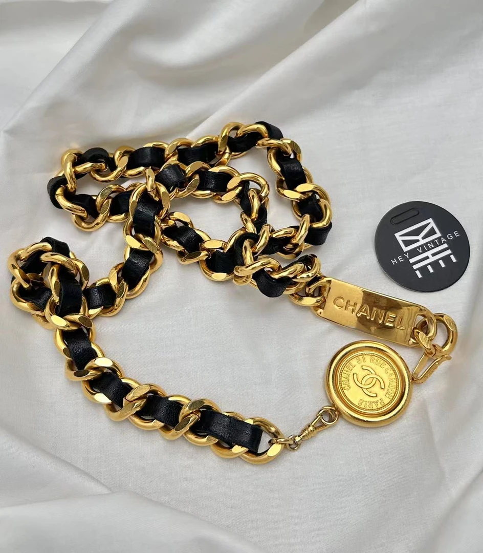 95新  黑黑中古/chanel 中古金币皮穿链腰链 6666774