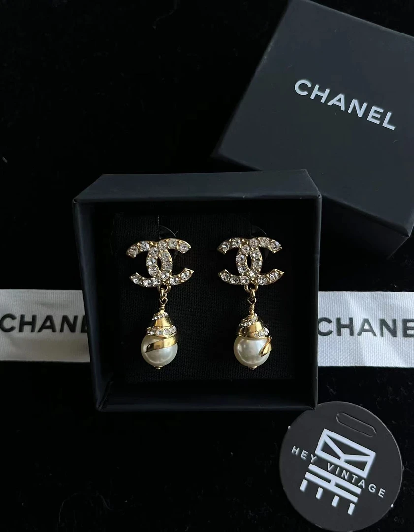 95新 Chanel/香奈儿 双C水钻珍珠吊坠耳钉 9165898