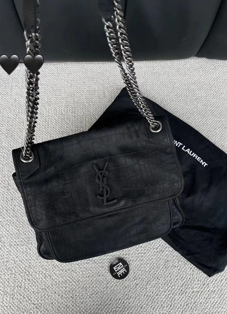 95新 YSL/圣罗兰 黑银麂皮niki链条包 28cm 8831912
