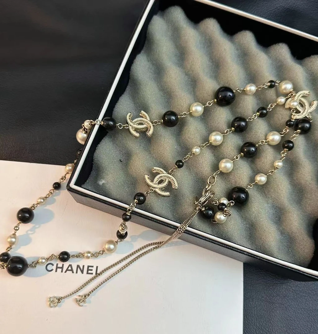 99新  黑黑中古/Chanel 黑白 珍珠 毛衣链 6321178