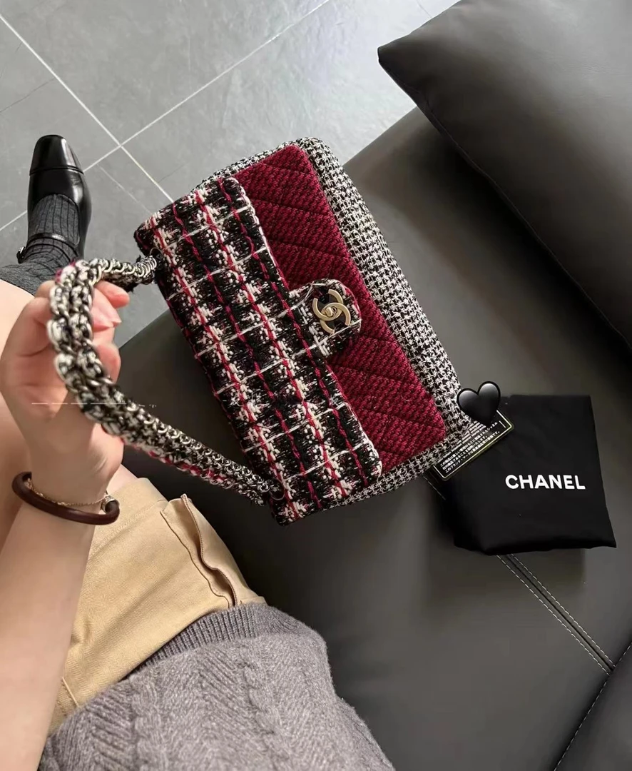 95新 Chanel/香奈儿 红色萨尔茨堡编织毛呢cf包 28cm 10457651