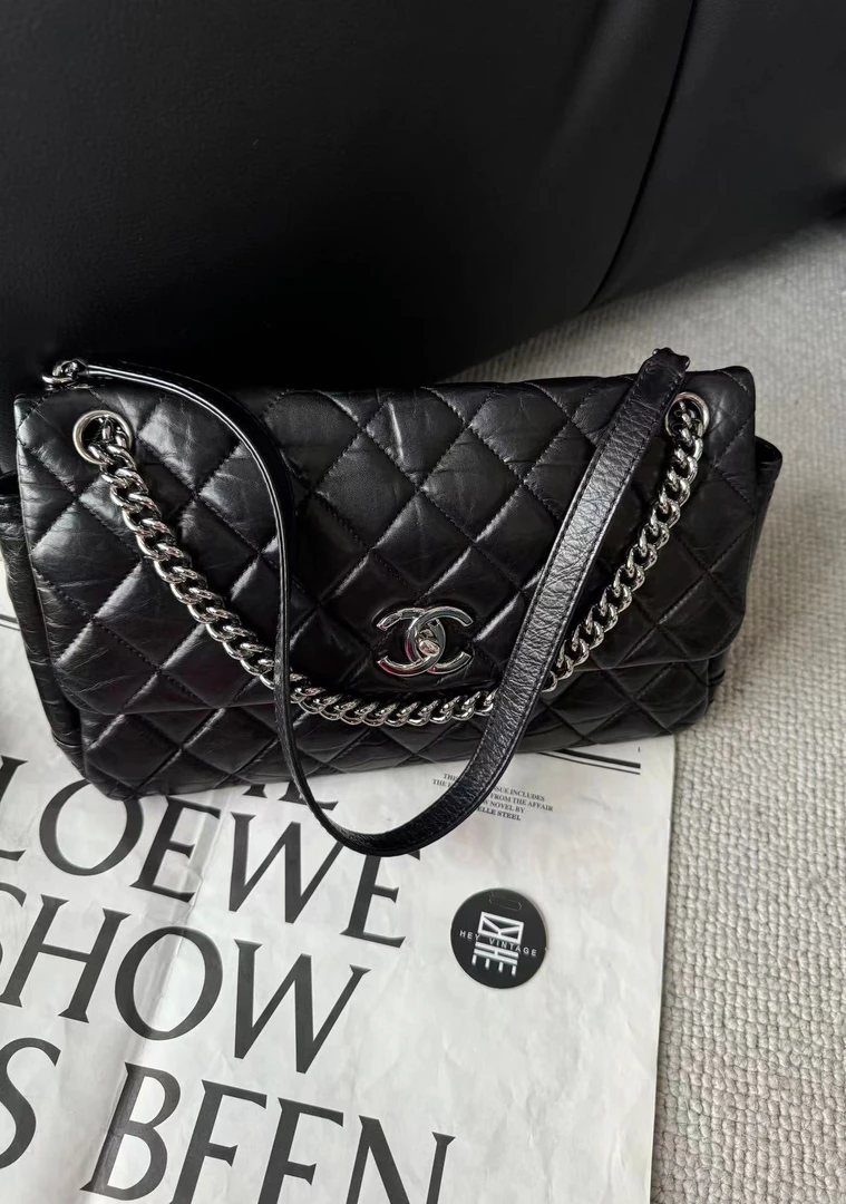 95新 Chanel/香奈儿 黑银油蜡皮cf包 28cm 10352795