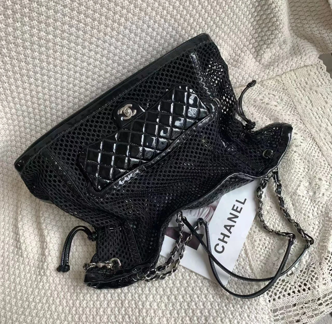 95新  黑黑中古/chanel 黑银网兜cf二合一包 6434855