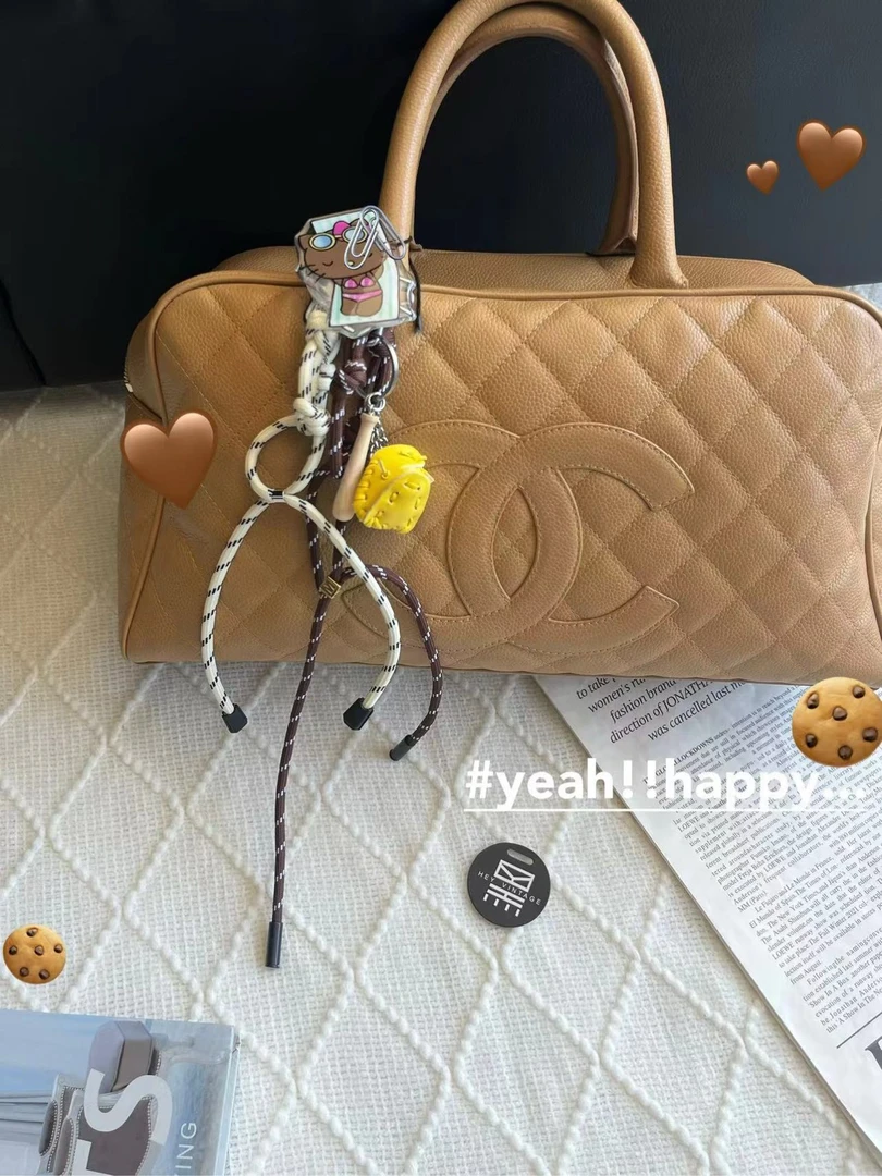 95新 Chanel/香奈儿 奶茶色鱼子酱保龄球包 大号 38cm 9108128