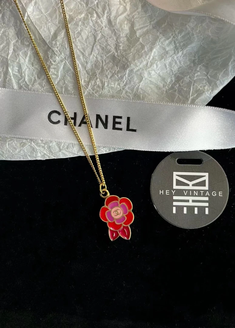 95新 Chanel/香奈儿 红色珐琅山茶花项链 8612943