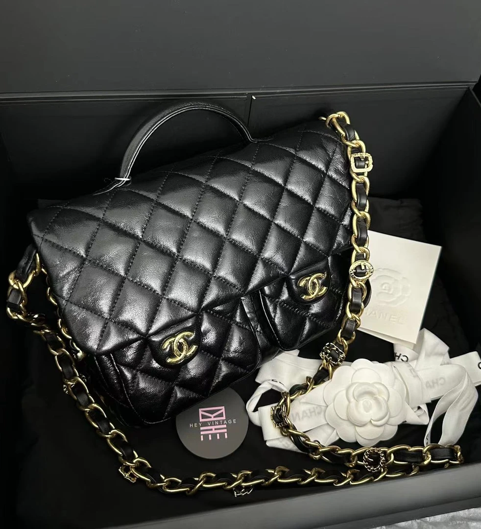 99新 Chanel/香奈儿 24A黑金手柄邮差包 芯片全套 9320342