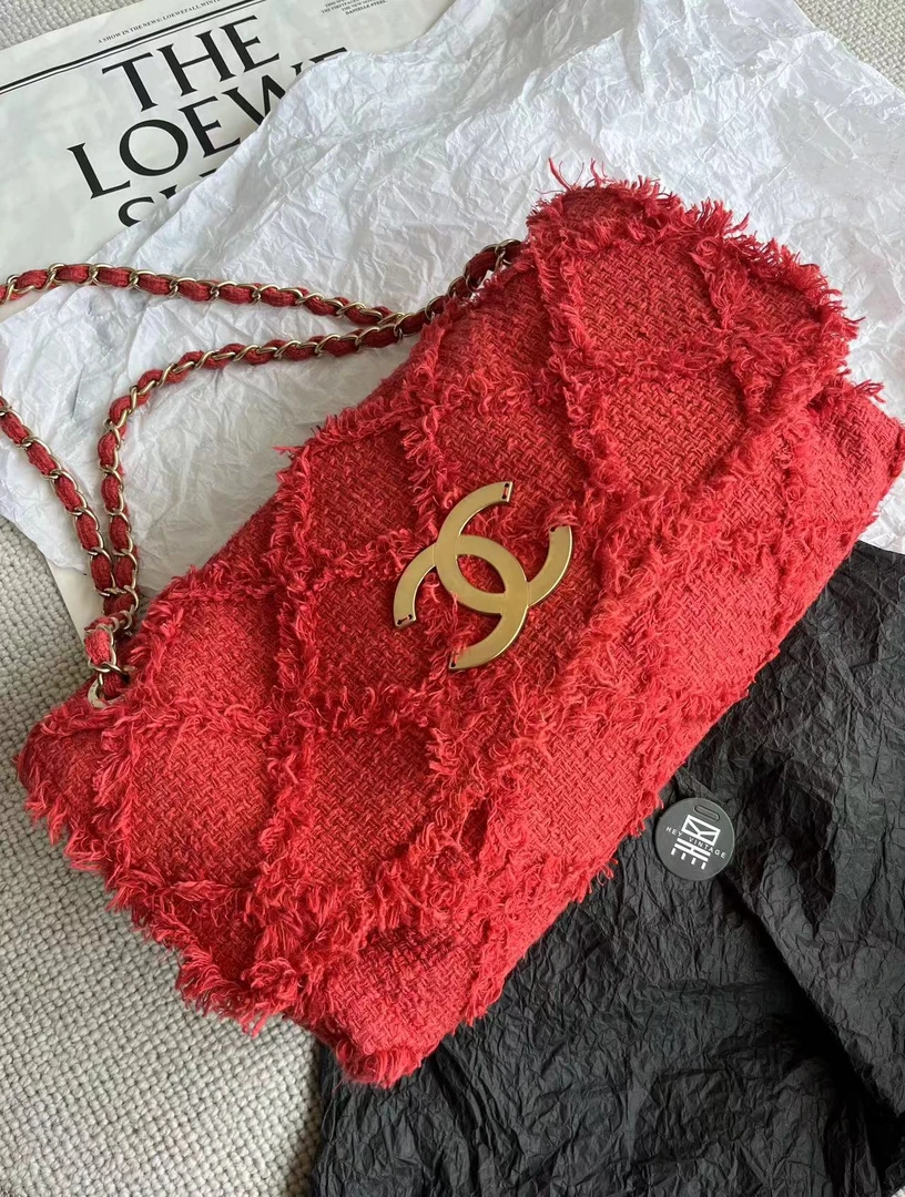 95新 Chanel/香奈儿  红金菱格纹毛呢双c机场包36cm 8216029