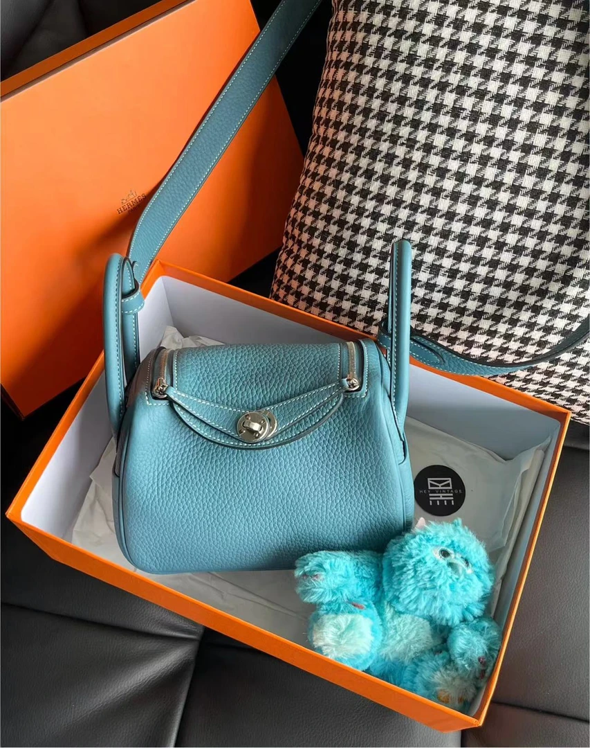 全新未使用 Hermes/爱马仕 B刻 牛仔蓝银扣mini lindy包 8297536
