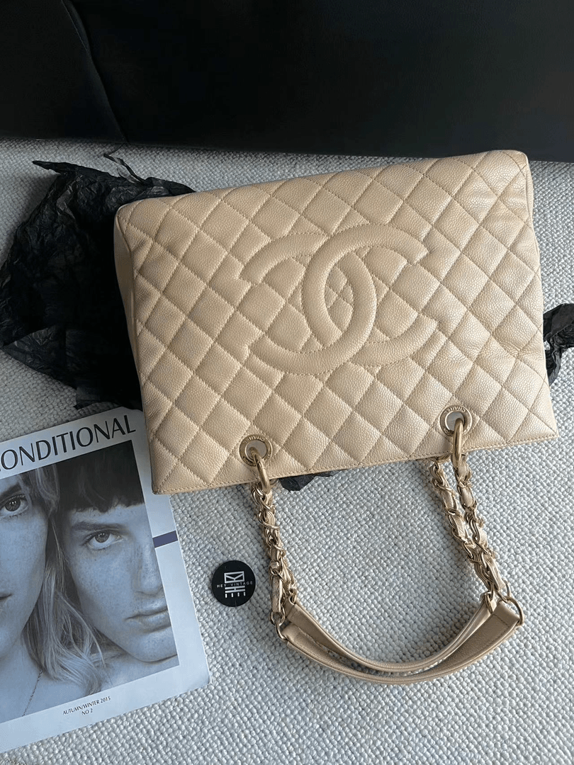 95新 Chanel/香奈儿 黑黑中古/ 奶茶色gst托特包 33cm 8505166