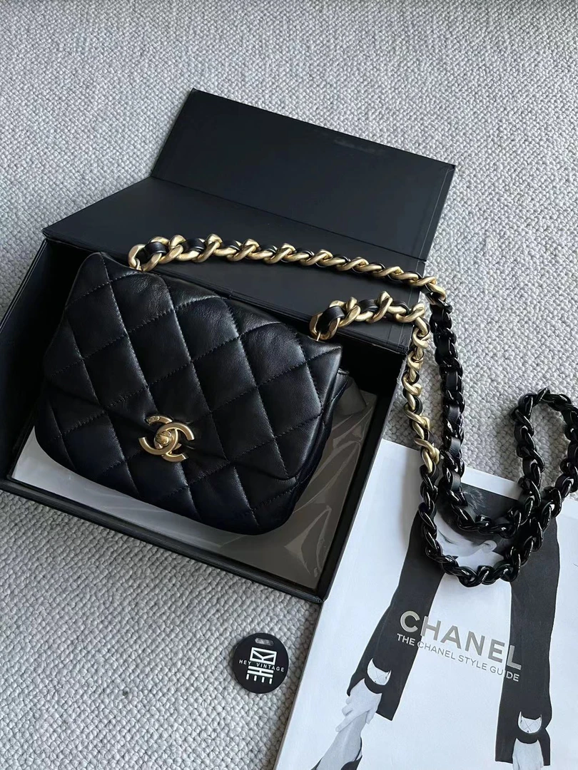 99新 Chanel/香奈儿 黑金粗链条方胖子包 芯片款 18cm 9109647
