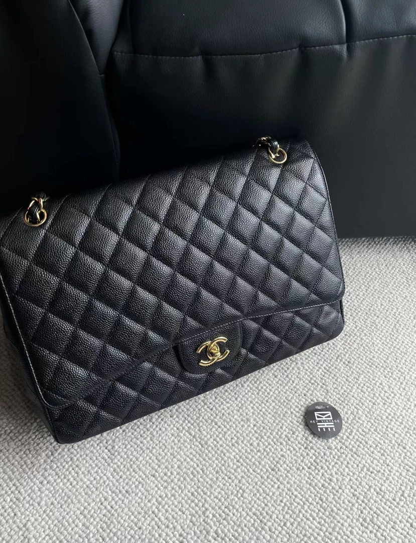95新 Chanel/香奈儿 黑金鱼子酱单盖cf maxi包 34cm 8339219
