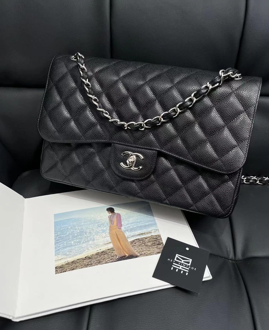 99新 Chanel/香奈儿  黑银鱼子酱cf jumbo包 30cm 7839844