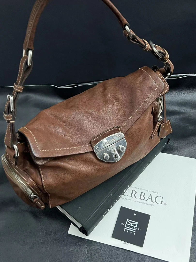 95新  黑黑中古/Prada 焦糖 hobo 机车包 30cm 6313189