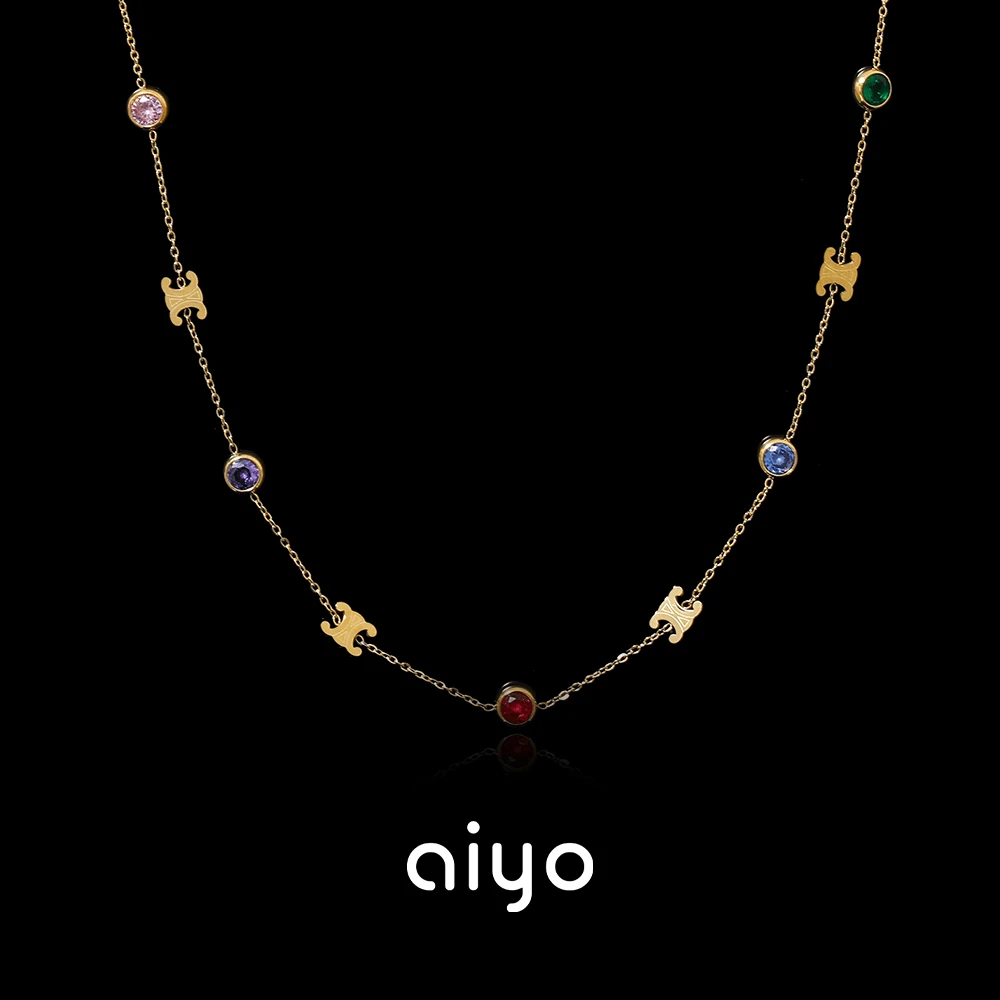 钛钢合成锆石项链 AIYO/轻奢系列复古彩色镶嵌项链