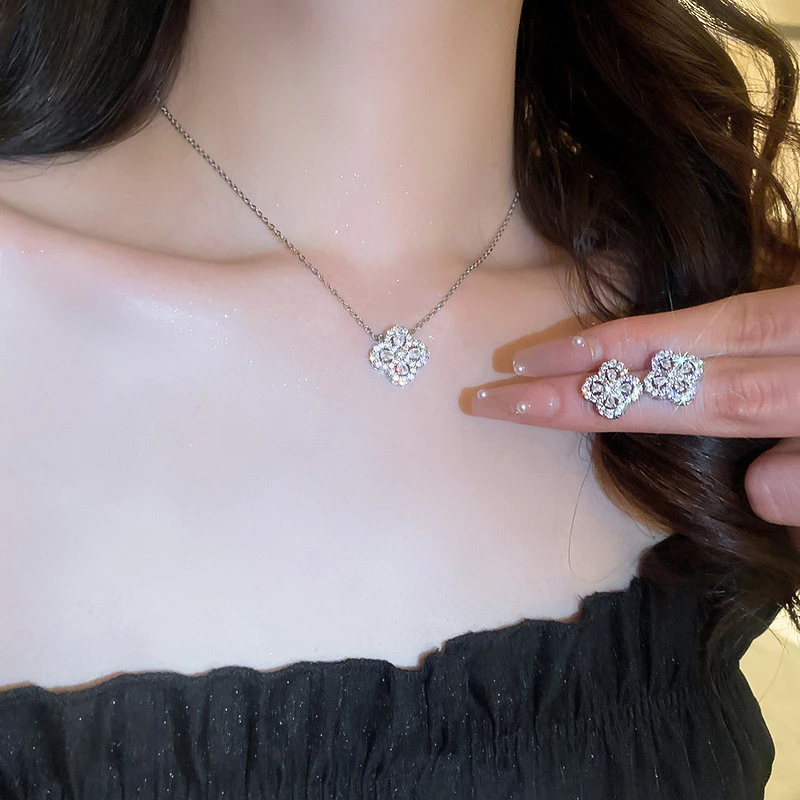 铜合金项链 AIYO/四叶花满钻轻奢【项链+耳钉套装】百搭气质