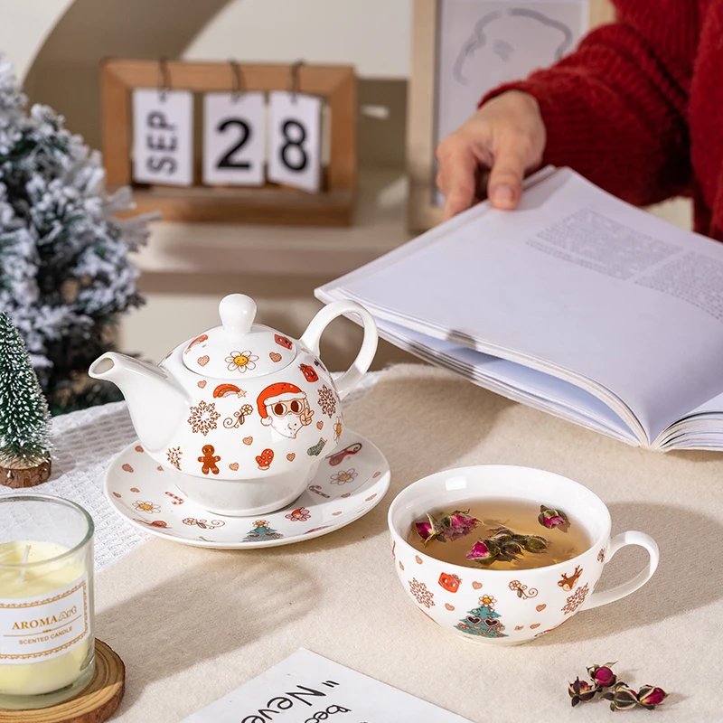 高档圣诞卡通新骨瓷花茶壶英式子母花茶壶伴手礼送闺蜜新婚礼物