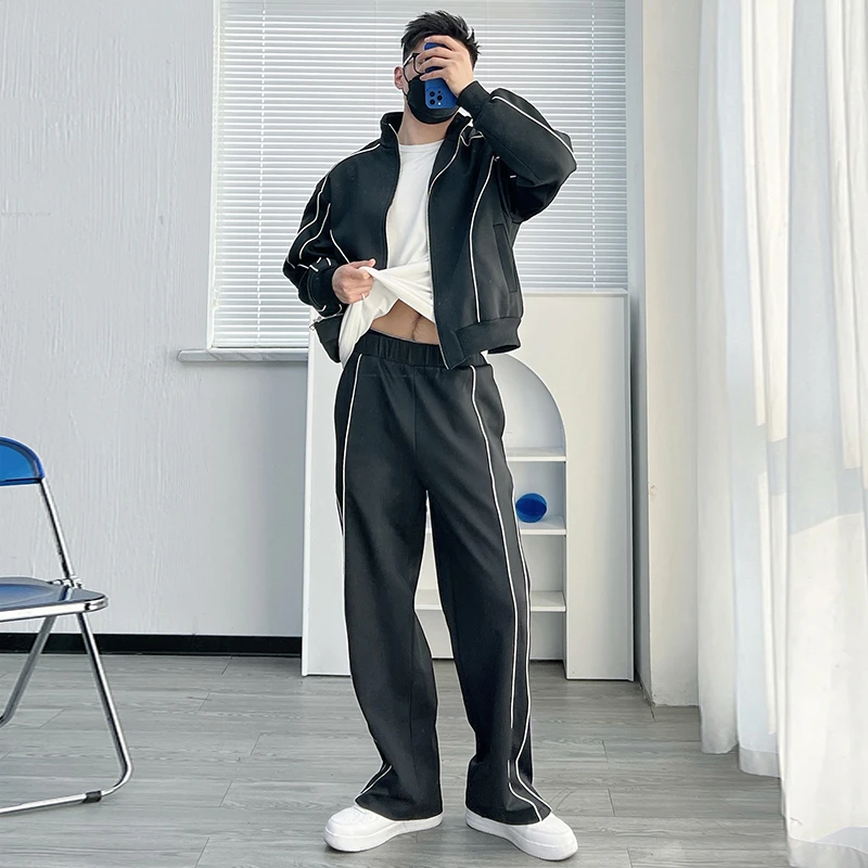 渣渣鹿ins垫肩设计痞帅短款夹克外套运动休闲阔腿裤男春秋季垫肩