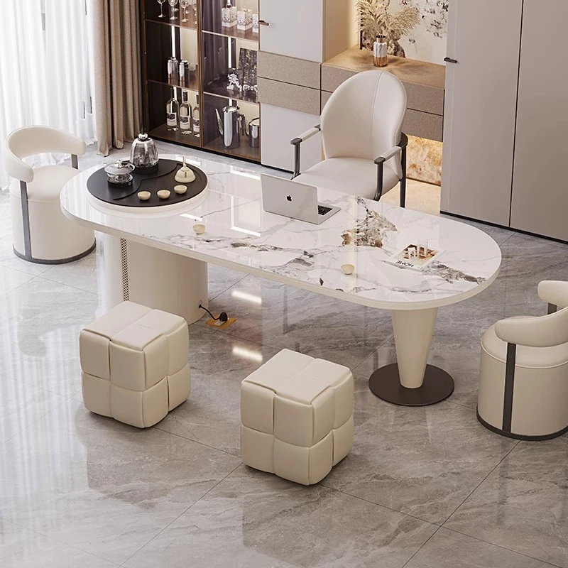 奶油风岩板茶桌椅组合轻奢现代高级感美容院接待办公一体泡茶台